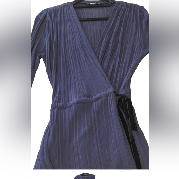 Zara Long sleeve knit wrap dress navy with black trim/tie waist maxi size small - Picture 5 of 7